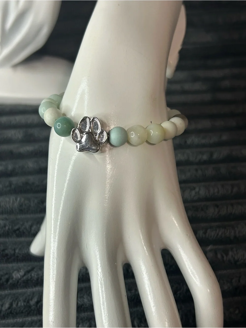 Pastel Mint Green & Cream Glass Beaded Stretch Bracelet - Silver Paw Print Charm